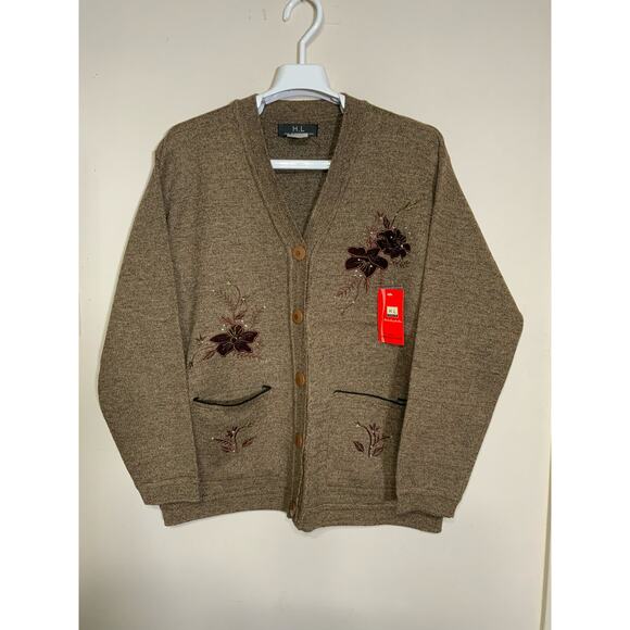 Hualinyangmaoshan Womens Cardigan Brown Embroidered Button Up Front Pockets NWT - Picture 1 of 6